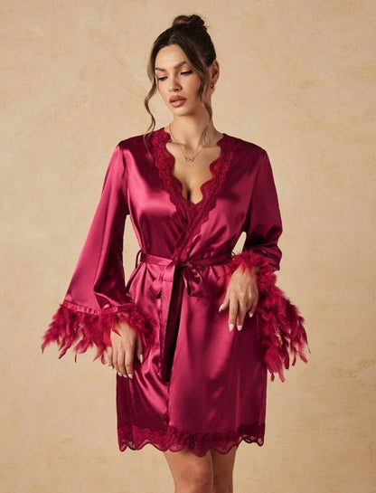 Estille Silk Fur Robe - Wine Red