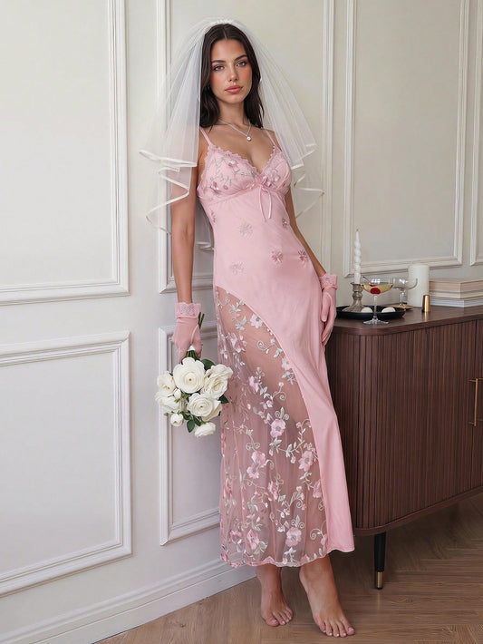 Rachelle Floral Embroidery Night Dress - Pink