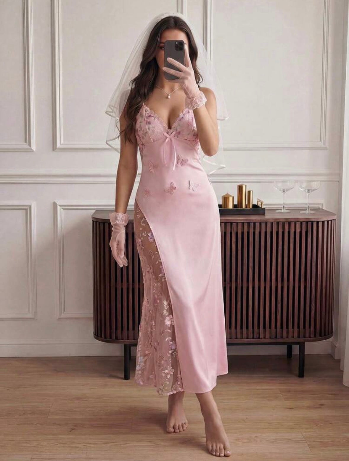 Rachelle Floral Embroidery Night Dress - Pink