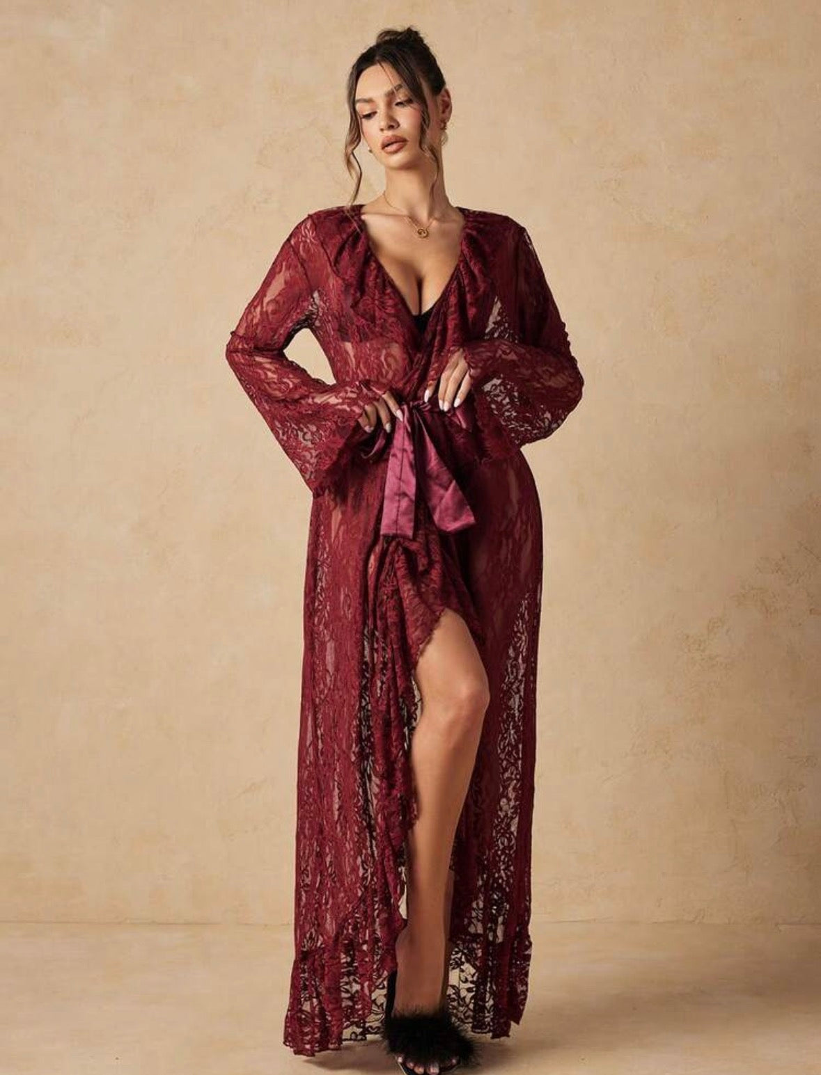 Diandra Lace Nigh Robe - Burgundy