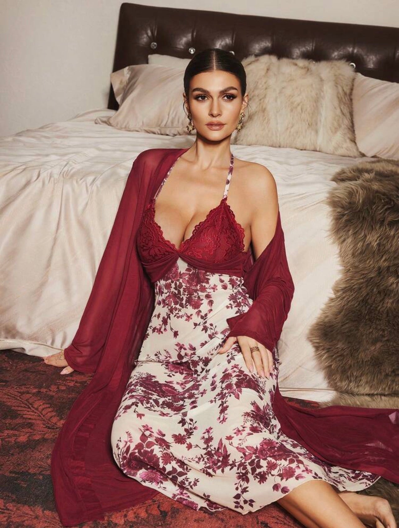 Flavia Floral Night Gown + Robe - Red