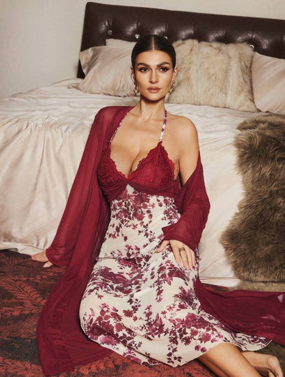 Flavia Floral Night Gown + Robe - Red