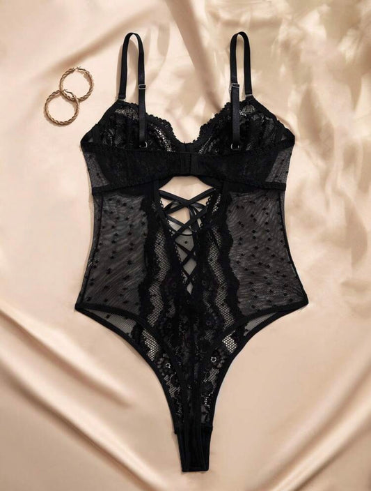 Linda Lace Mesh Bodysuit - Black