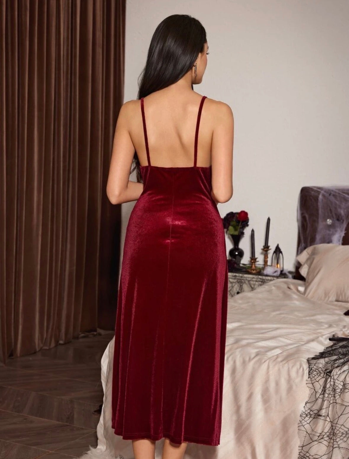 Velvety High Cut Night Gown - Red Wine