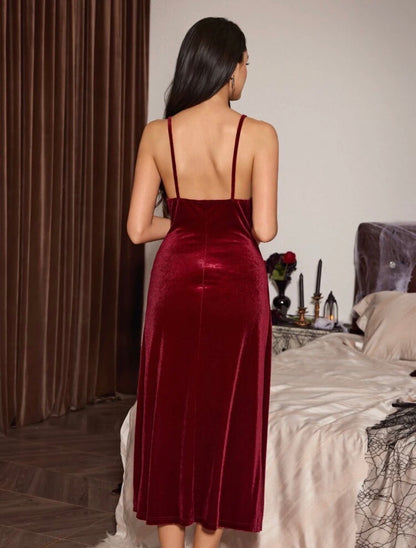 Velvety High Cut Night Gown - Red Wine