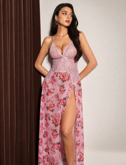 Feline Floral High Cut Night Wear - Pink
