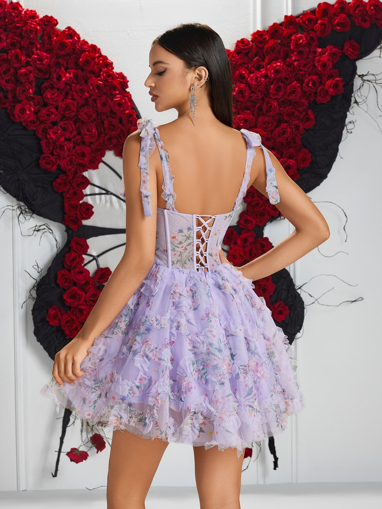 Victorie Mesh Embroidery Floral Flare Dress