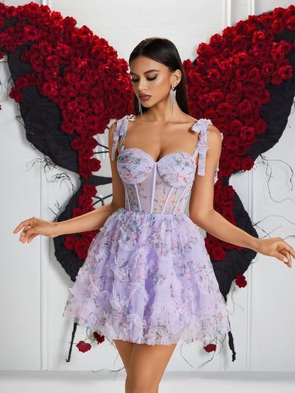 Victorie Mesh Embroidery Floral Flare Dress
