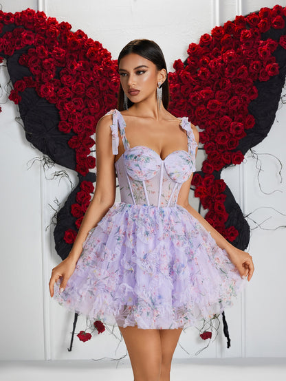 Victorie Mesh Embroidery Floral Flare Dress