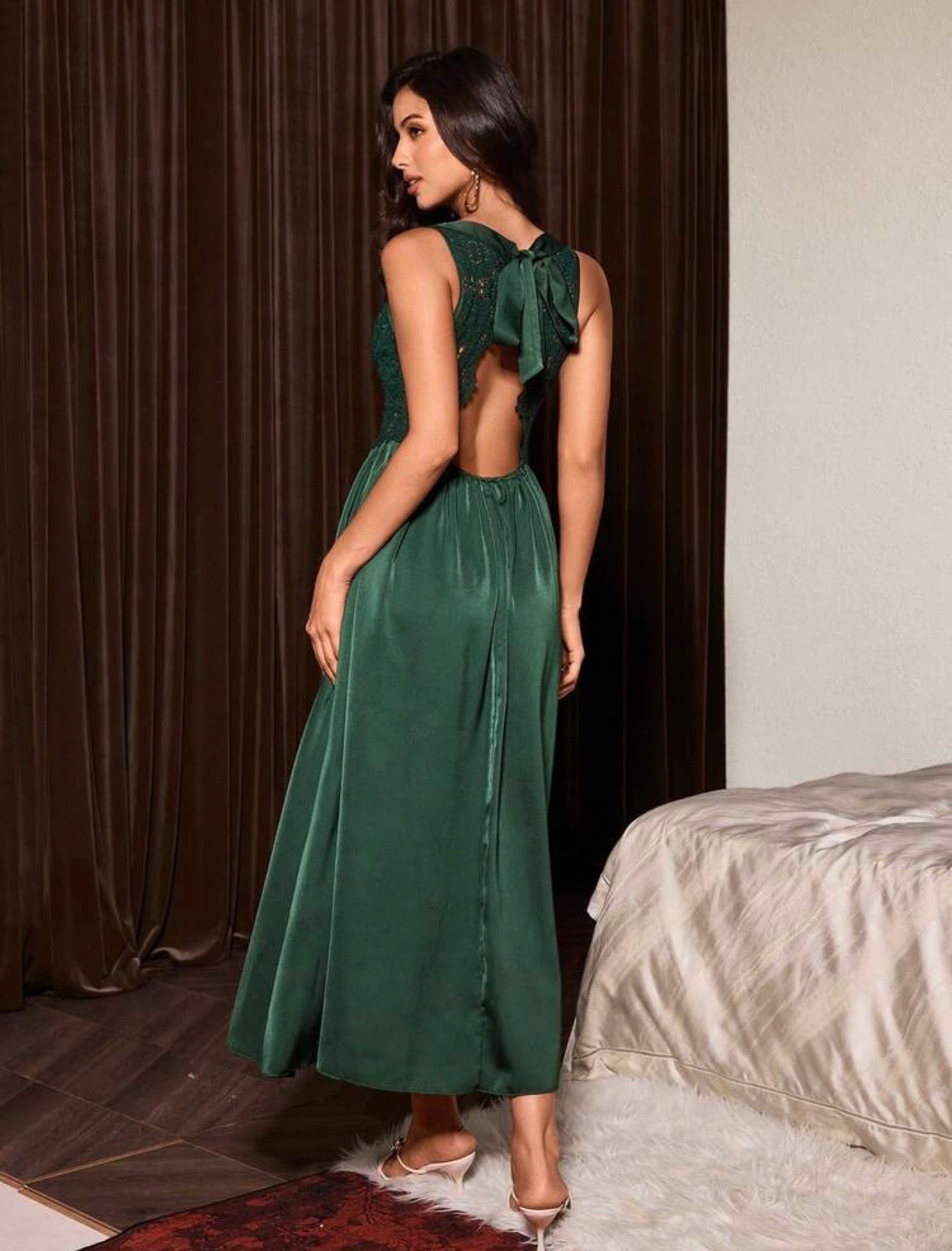 Natasha Silk Lace Night Gown - Emerald
