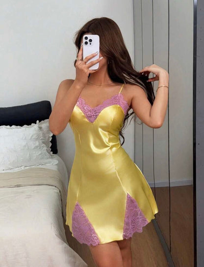 Adore Silk Lace Mini Night Gown - Yellow
